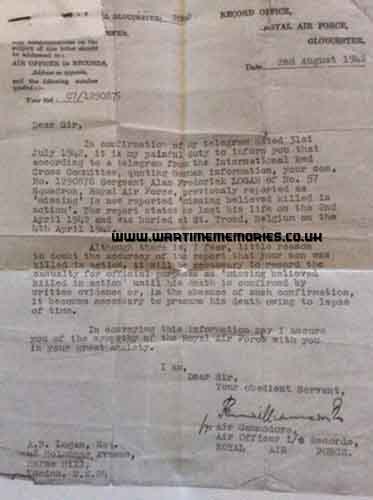 Letter from RAF re missing Alan Frederick Logan